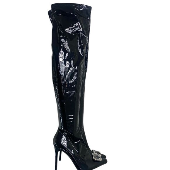 Elegant Black Stiletto over the knee Boots with Rhinestone buckle 9 - Picture 6 of 9